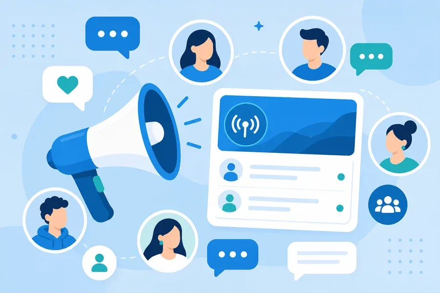 Ilustrasi kanal Telegram dengan daftar pelanggan besar dan pengumuman
