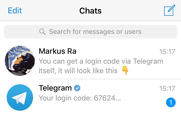 Layar verifikasi kode saat masuk Telegram untuk pengguna baru