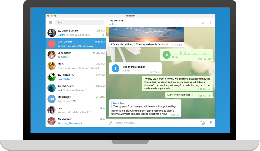 Antarmuka Telegram Desktop pada Windows 11 dengan folder chat dan multi-akun