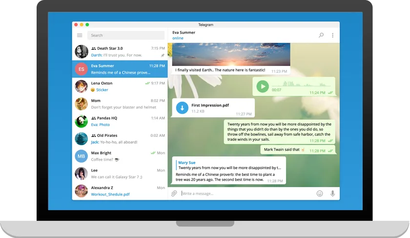 Tampilan Telegram Desktop pada Windows 11 dengan panel obrolan multi-akun
