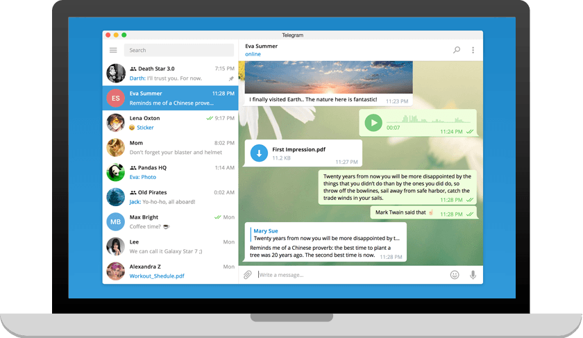 Pratinjau Telegram Desktop pada layar laptop Windows