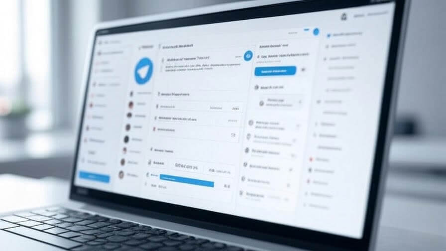 Suasana kerja profesional dengan Telegram Desktop terbuka di laptop